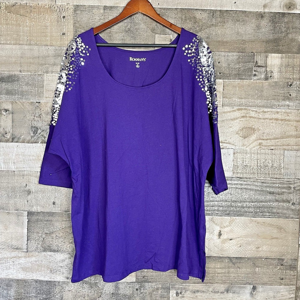 Roaman's Women's Plus Size 2X 26/28 Top Sequins 3/4 Sleeves Purple Casual